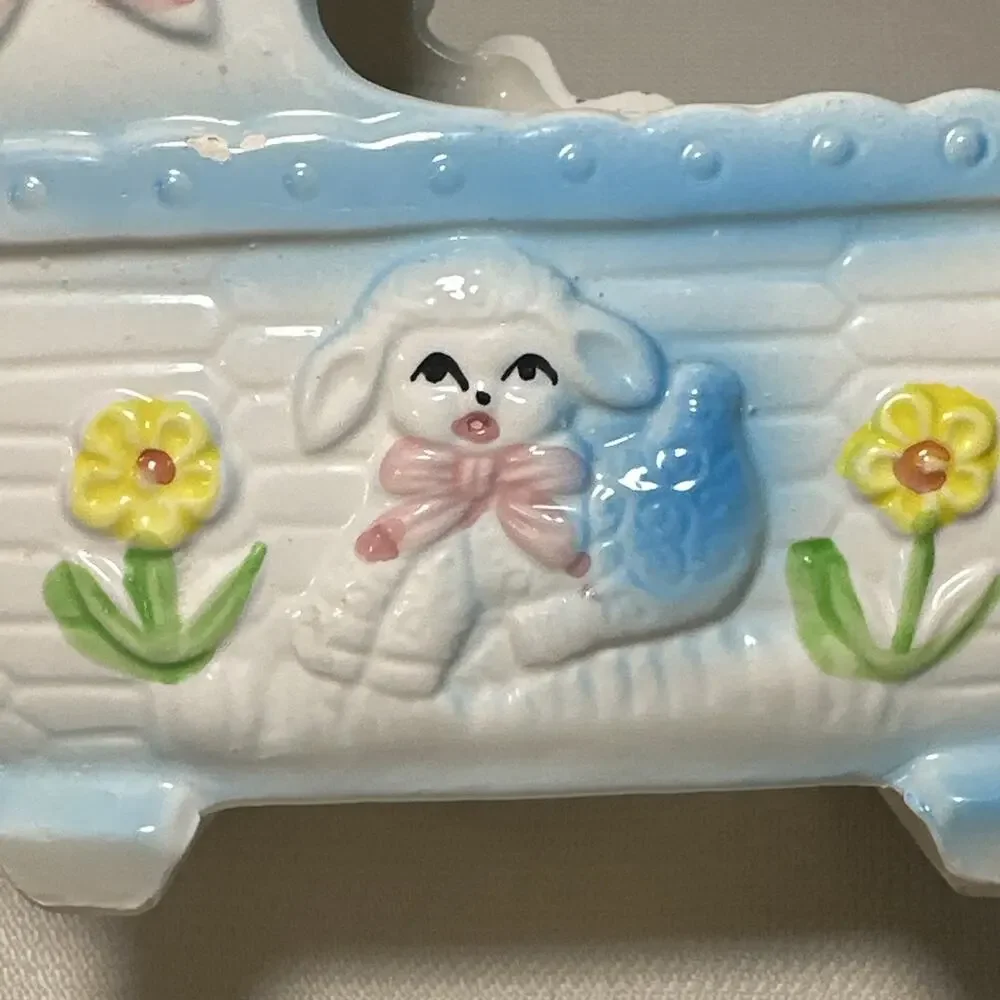 Vintage Ceramic Baby Nursery Bassinet Planter Music Box Rock a bye baby